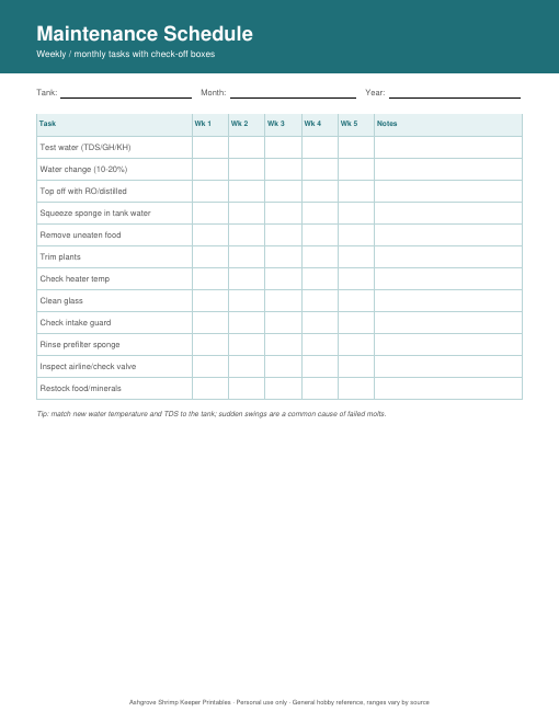 Preview of the Maintenance Schedule printable