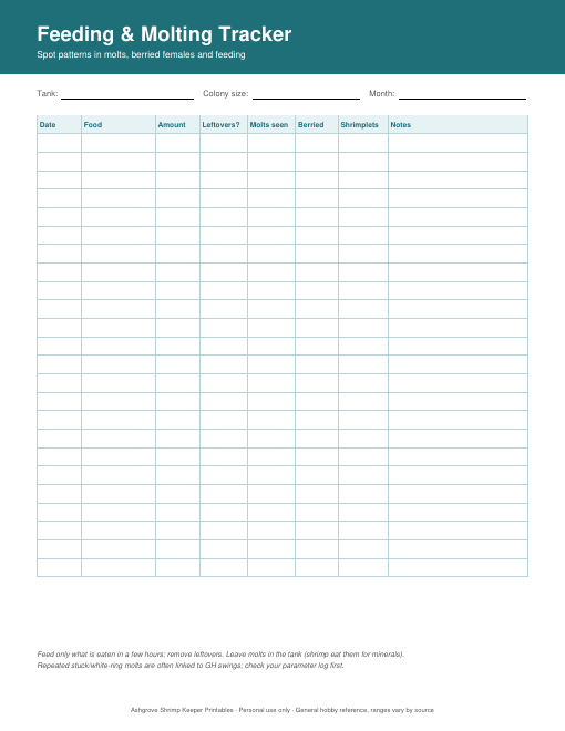 Preview of the Feeding & Molting Tracker printable